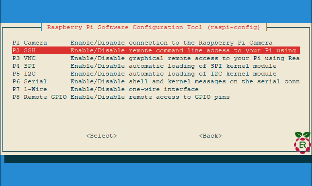 Captures d'écrans raspi-config de la procédure d'activation du SSH sur Raspberry
