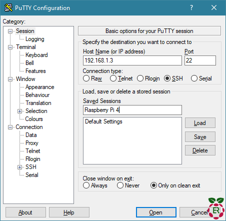Capture d'écran configuration Putty - Raspberry Lab