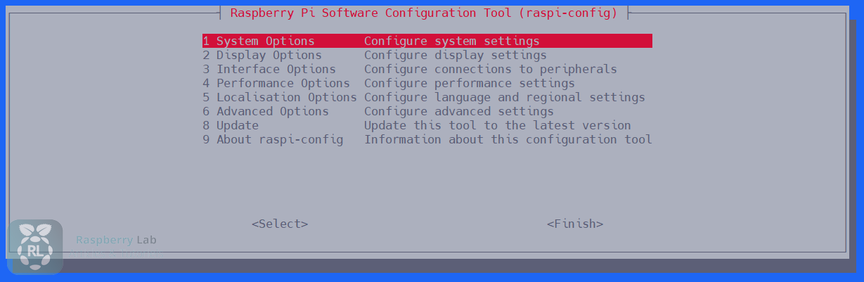 Interface du menu principal de raspi-config sur Raspberry Pi