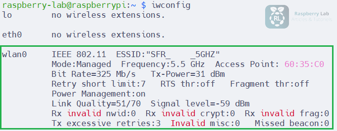 Capture d'écran du résultat de la commande iwconfig montrant les interfaces réseau sans fil